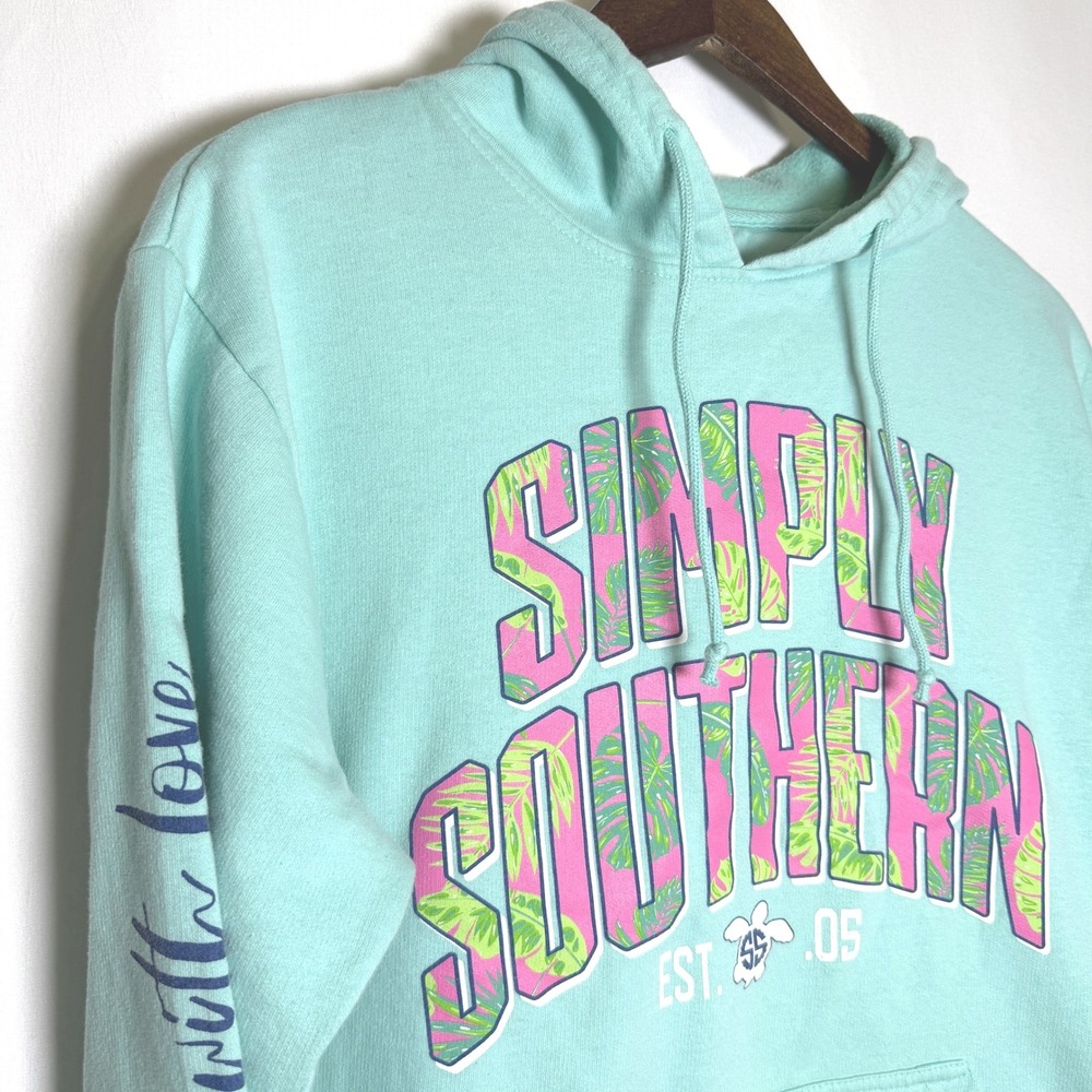 Simply Southern Womens Mint Green Tropical Palm Logo Graphic Hoodie Large